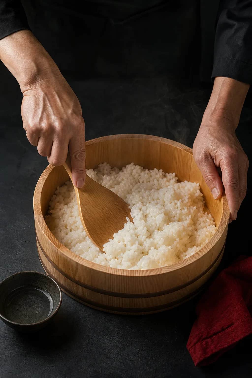 Imagem conceitual de mãos adultas preparando arroz para sushi em um recipiente de madeira.
